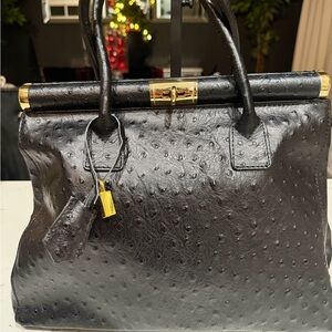 Beautiful Italian Black Leather Satchel with Gold Accents